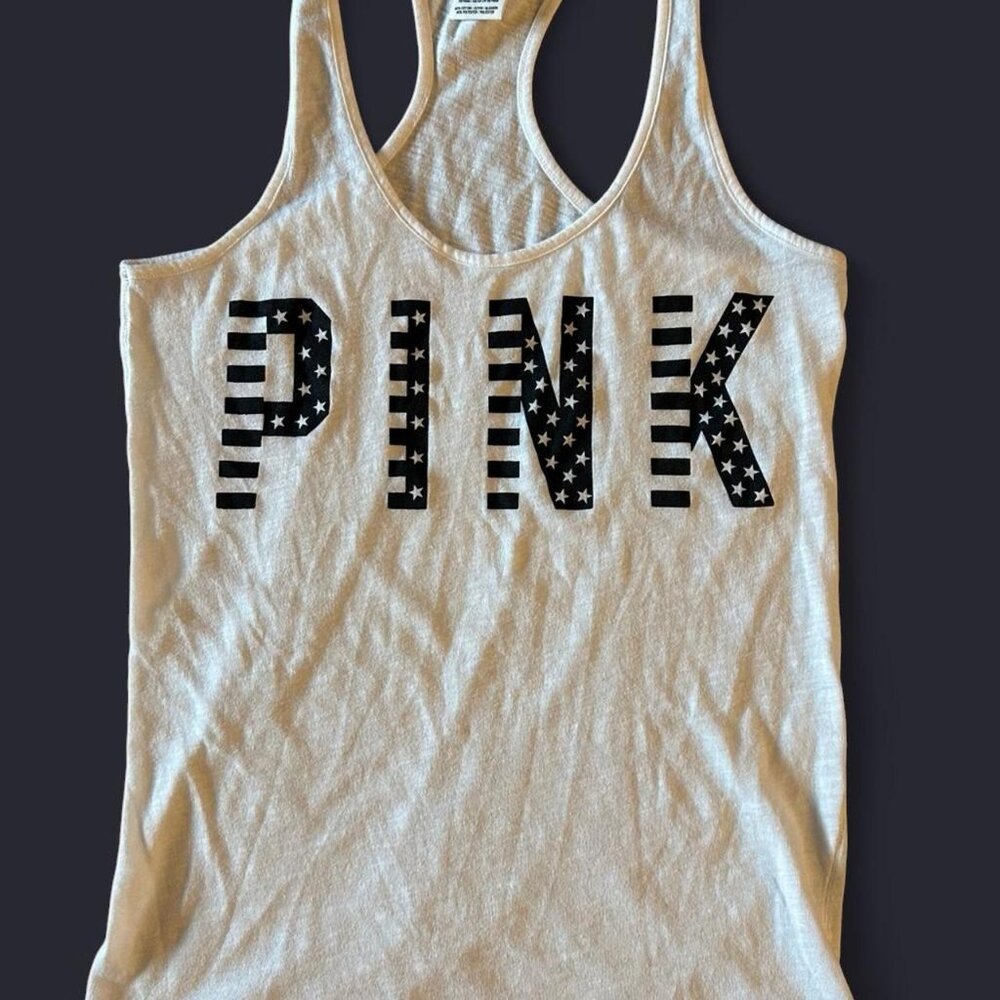 Y2K Victoria's Secret PINK white tank top with black and white star graphic.